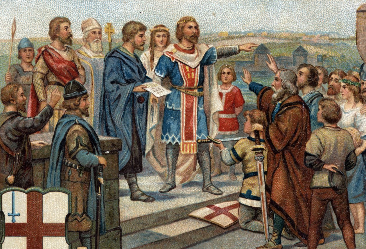 Historiallisia jaksoja kuuluisista kaupungeista: Alfred Suuri (849-899) palauttaa Lontoon entisille asukkailleen (886), "Alfredin ja Guthrumin rauha" merkitsi anglosaksien voittoa tanskalaisia (= viikingejä) vastaan. 1800-luvun kromolitografia. tekijältä Unknown artist