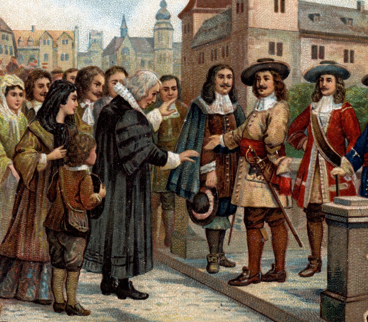 Historiallisia jaksoja kuuluisista kaupungeista: Suuri vaaliruhtinas Frederic William I Brandenburgista (1620-1688) otti vastaan ranskalaisia emigrantteja Berliinissä (1685). Hän toivotti tervetulleeksi ranskalaiset protestantit, jotka Nantes Editin kumoam tekijältä Unknown artist
