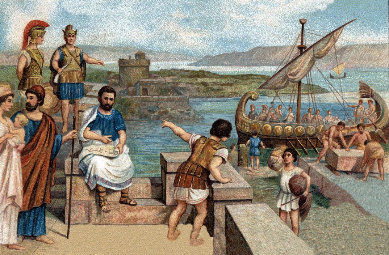 Historiallisia jaksoja kuuluisista kaupungeista: Megarealaiset (Megarin asukkaat, kreikkalainen Attika kaupunki) perustivat Bysantin (667 eKr.) Kimmerian Bosporin länsirannalle, missä sijaitsi Byzasin traakialainen linnoitus. 1800-luvun kromolitografia. tekijältä Unknown artist