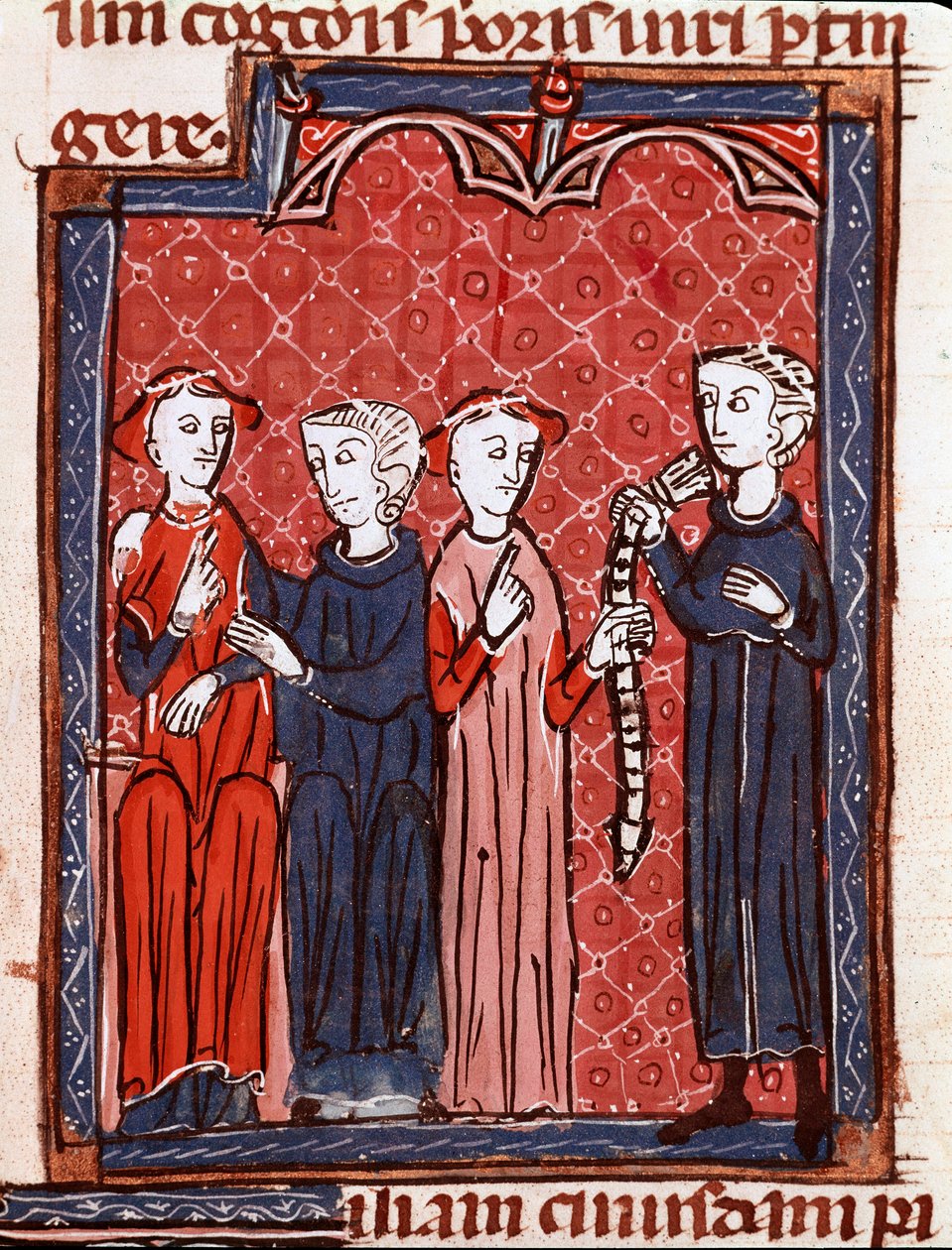 Kanonisen oikeuden historia: "Nainen tuomittu siveyden vyölle"" Miniatyyri otettu kirjasta "Decret de Gratien"" ("Concordia discordantium canonum" tai "Decretum Gratiani") vuodelta 1140 ja säätelee roomalaiskatolisen kirkon lakeja ja kaanoneja . 13 tekijältä Unknown artist