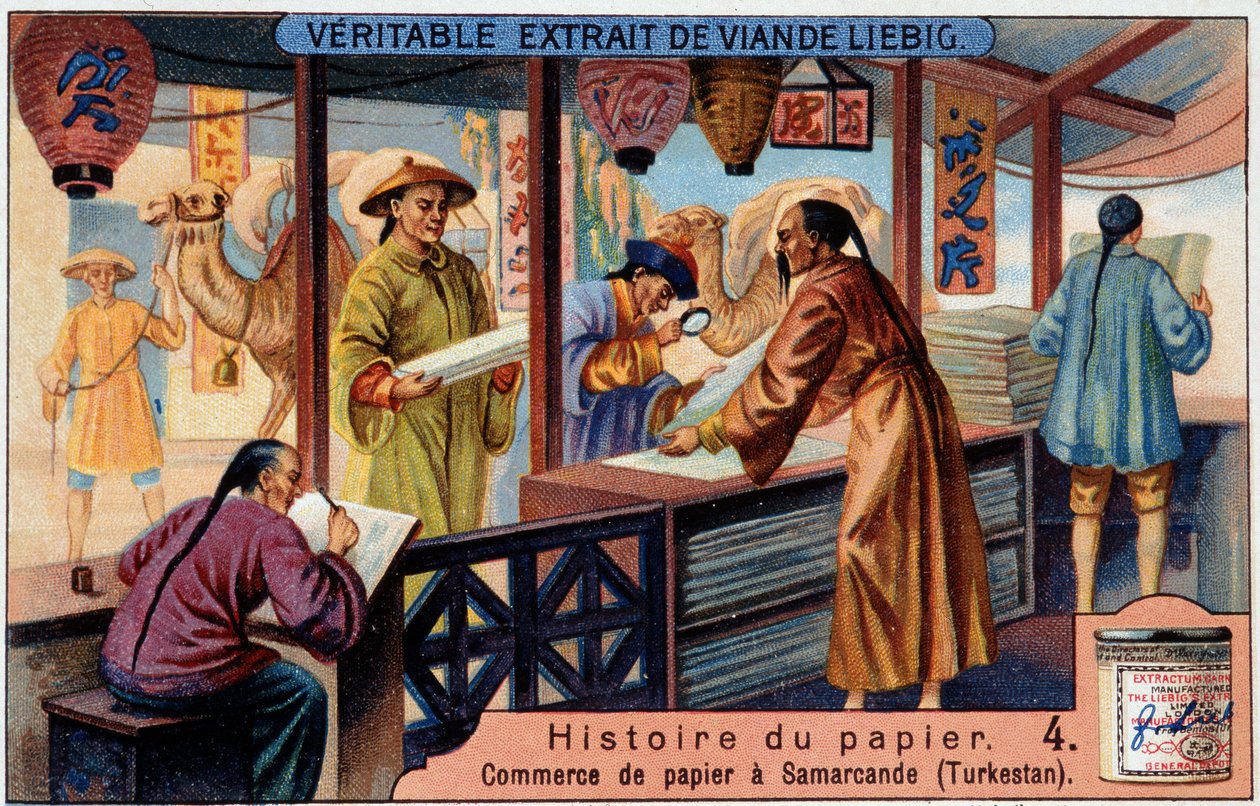 Paperin historia. 4. Paperikauppa Samarkandissa (= Samarkand) (Turkestan). Liebig-kromolitografia tekijältä Unknown artist