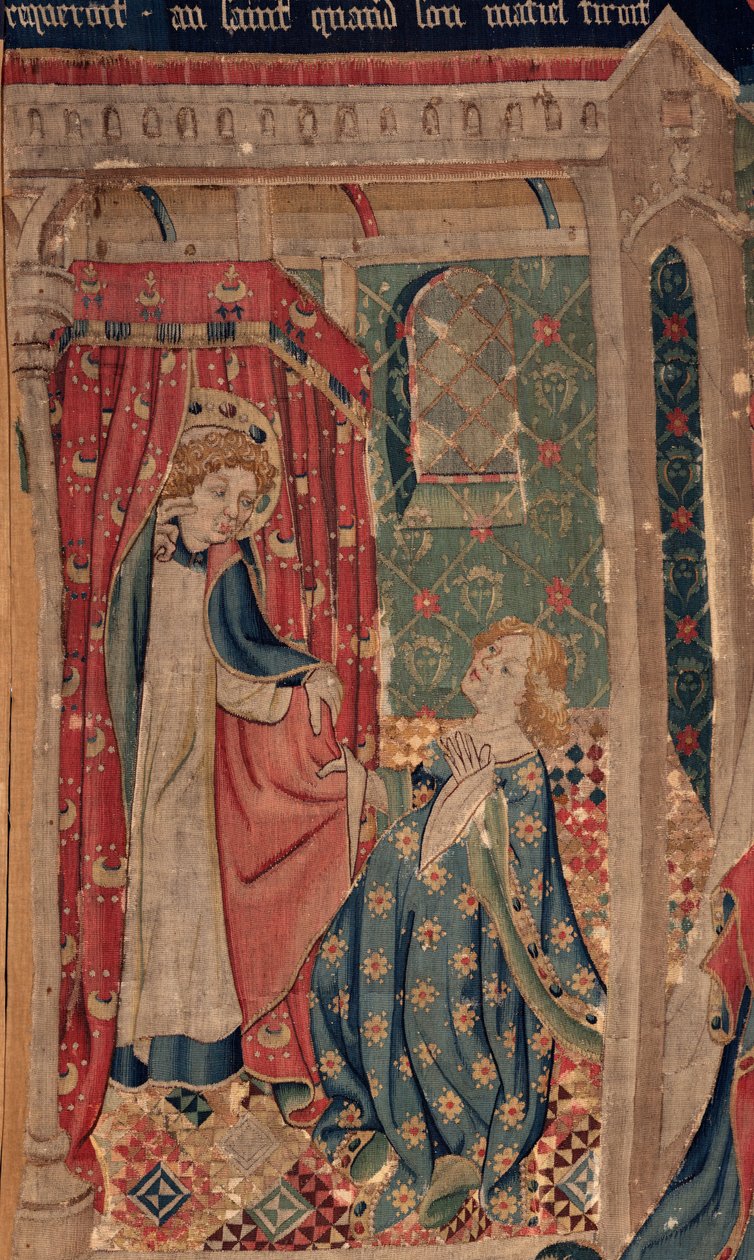 Saint Piatin ja Saint Eleuthèren historia, kohtaus 11: Saint Eleuthèren kiusaukset (Tribuunin tytär kuolee, jotta hän ei voi saada hullua rakkautta, jota pyhimys vaatii, kun hänen viittansa vetää). Yksityiskohta. tekijältä Unknown artist
