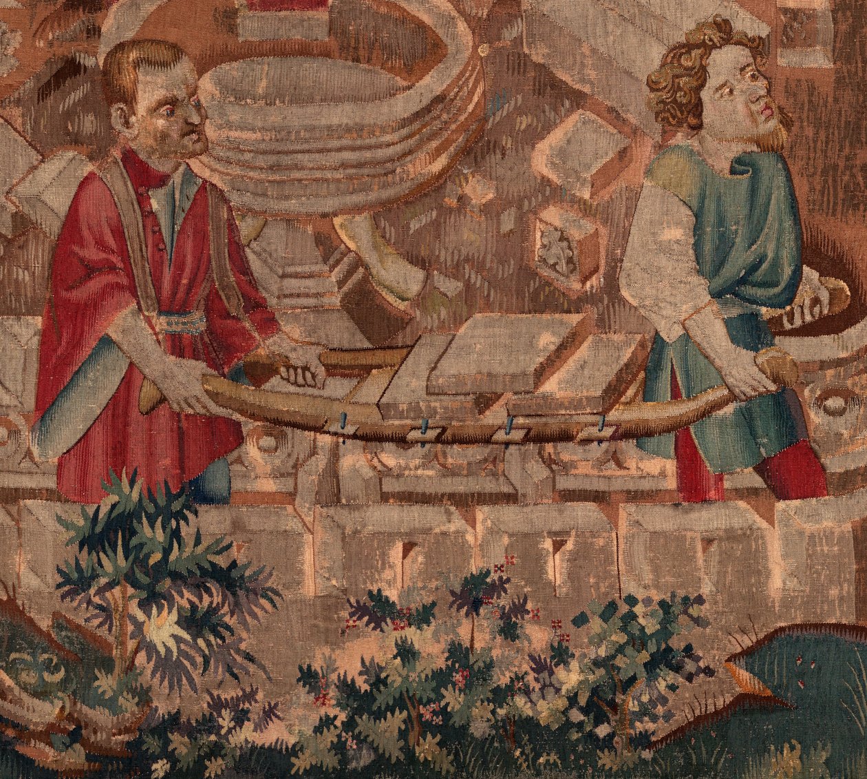 Saint Piatin ja Saint Eleuthèren historia, kohtaus 5 Yksityiskohta. Alempi osa. Muurarit kuljettavat kiviä. tekijältä Unknown artist