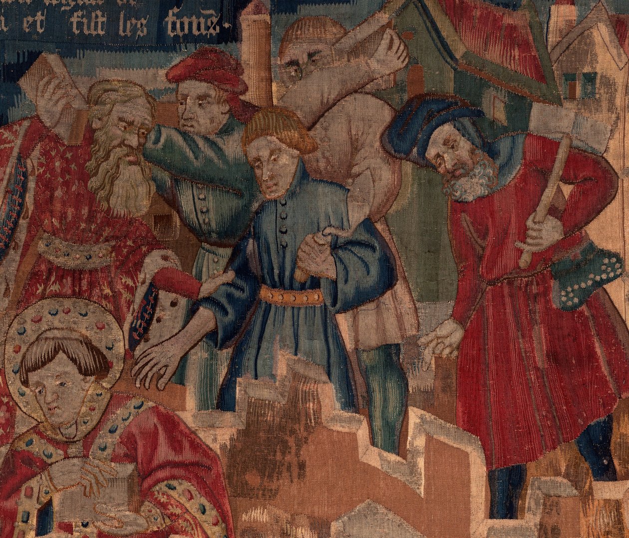 Saint Piatin ja Saint Eleuthèren historia, kohtaus 5 Yksityiskohta. Oikea yläosa. Muurarit. tekijältä Unknown artist