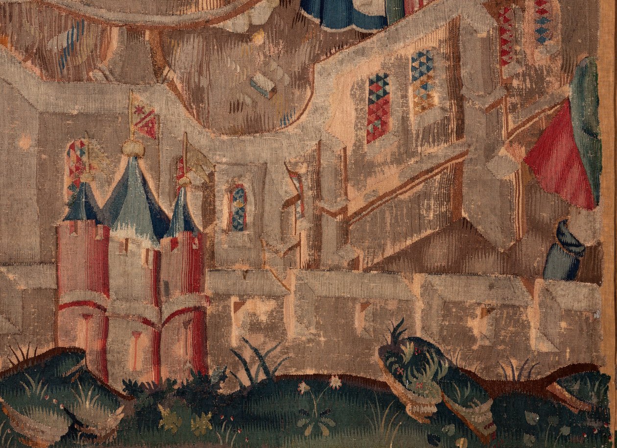 Saint Piatin ja Saint Eleuthèren historia, kohtaus 6 Yksityiskohta oikealla alhaalla. Kaupungin linnoitusmuurit. tekijältä Unknown artist