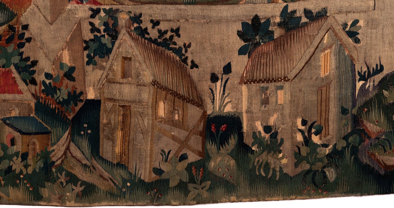 Saint Piatin ja Saint Eleuthèren historia, kohtaus 7 maanpaossa olevien kristittyjen kaste, Yksityiskohta alhaalla. Kaksi taloa. tekijältä Unknown artist
