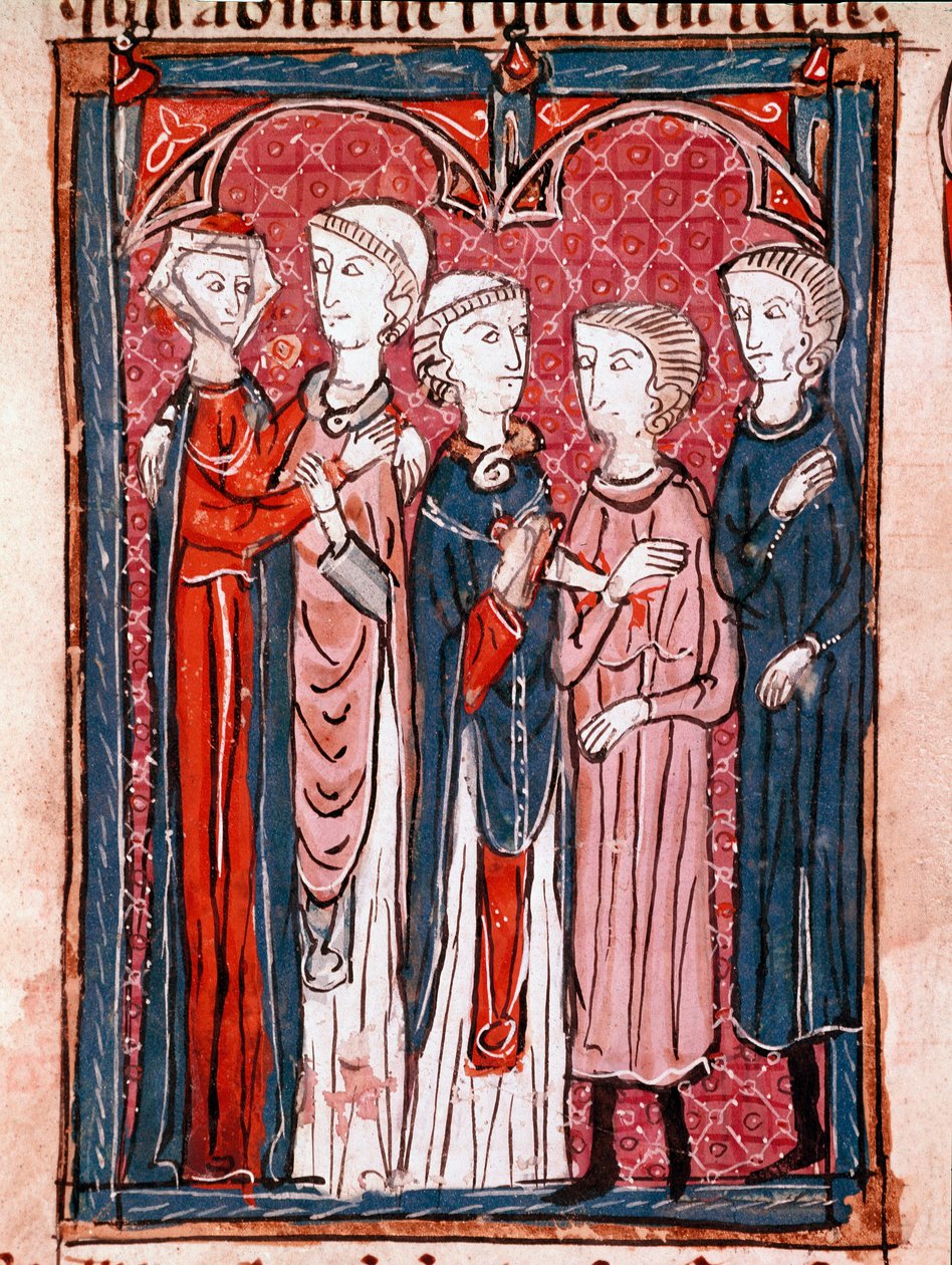 Kanonisen oikeuden historia: "" kihlautumiskohtaus""" Miniatyyri otettu "" Decret de Gratien -kirjasta" ("Concordia discordantium canonum" tai "Decretum Gratiani") vuodelta 1140 ja säätelee roomalaiskatolisen kirkon lakeja ja kaanoneja. 1200-luvulla Laon,  tekijältä Unknown artist