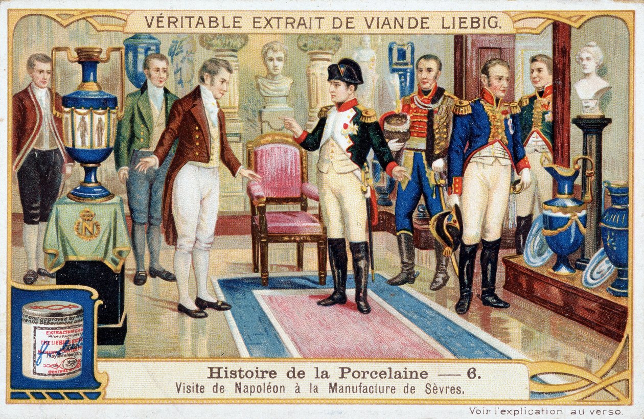 Posliinin historia: Napoleon Bonaparten (1769-1821) vierailu Sevresin valmistukseen - Liebig-kromolitografia tekijältä Unknown artist