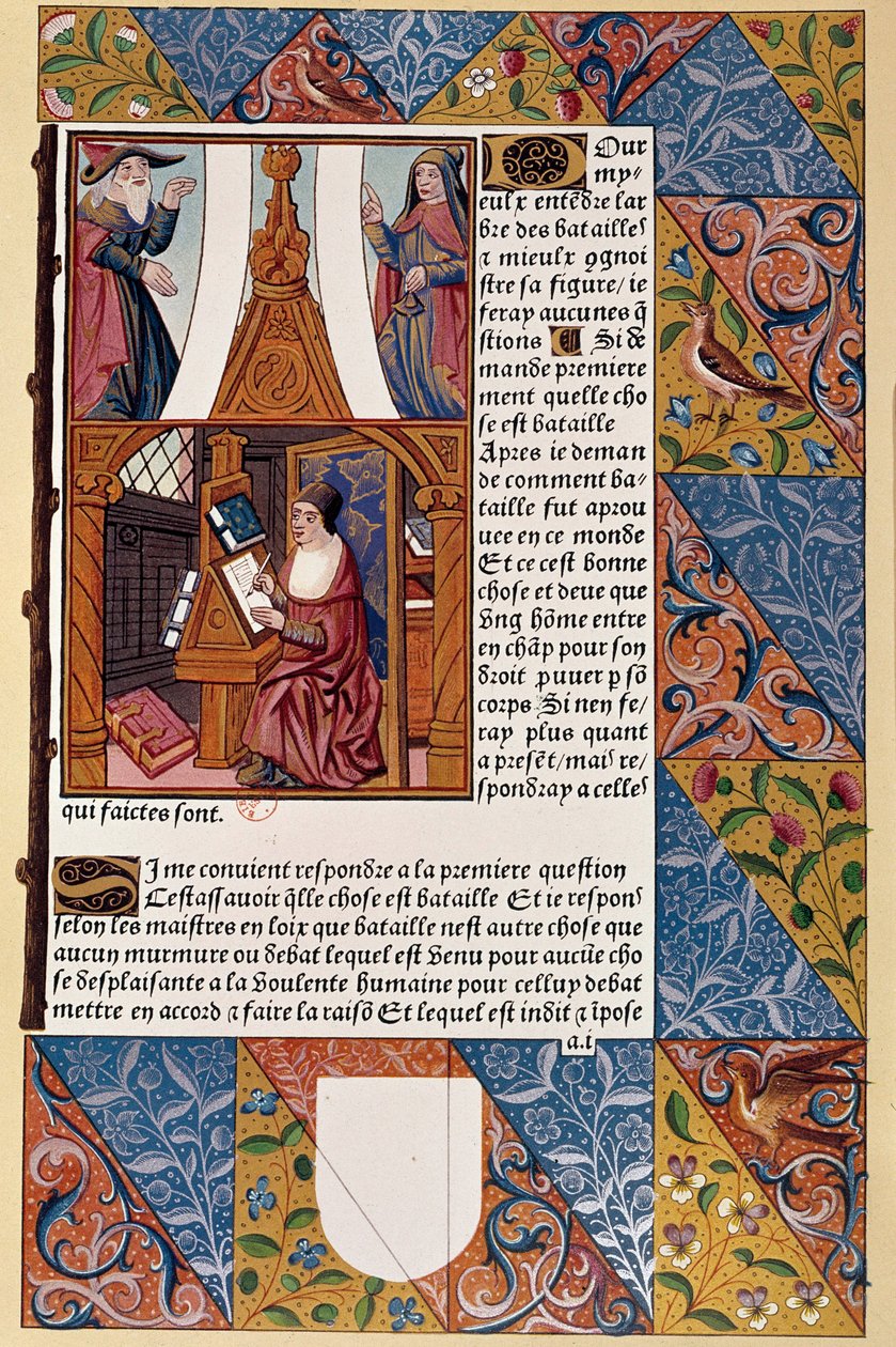 Painamisen historia: kustantaja Antoine Verard (? -1513) sävelsi kirjaansa. Käsikirjoituksesta vuodelta 1494. tekijältä Unknown artist