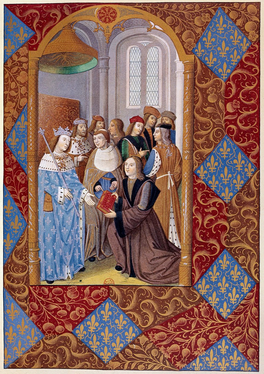Painamisen historia: kustantaja Antoine Verard (? -1513) esittelee kirjansa kuningas Kaarle VIII:lle. Käsikirjoituksesta vuodelta 1494 tekijältä Unknown artist