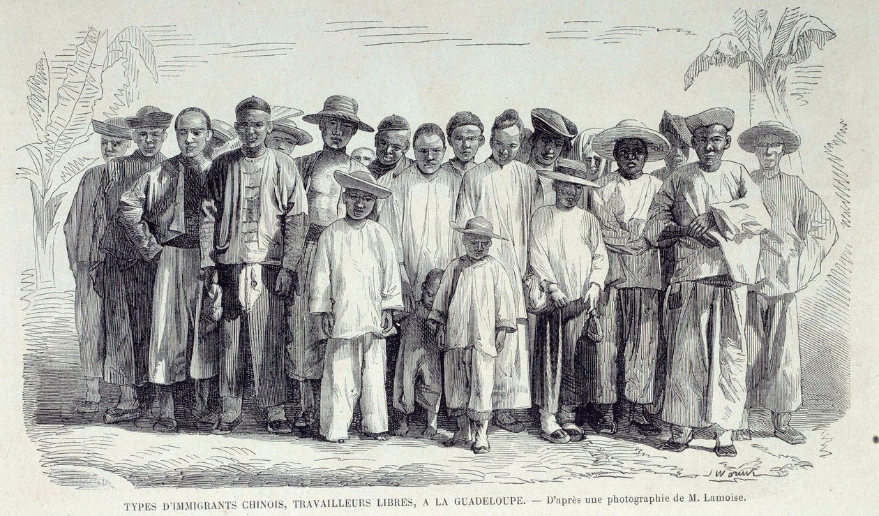 Ranskan siirtomaiden historia: Guadeloupessa työskentelevät kiinalaiset siirtolaiset. Piirros valokuvan perään 1800-luvun lopun Chartres musee des Beaux Artsista tekijältä Unknown artist