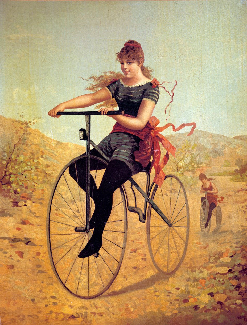 Polkupyörän historia: veloipedisti tai nainen polkee pyörää. 1800-luvun vedoksia tekijältä Unknown artist