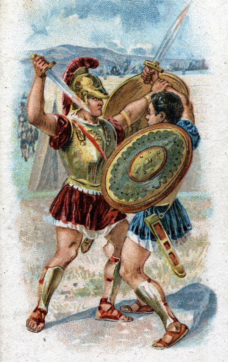 Troijan sodan legendaaristen sankareiden Akhilleuksen elämänhistoria: Akhilleus taistelee Hektoria kostaakseen Patrokleen kuoleman. Kromolitografia vuodelta 1890. tekijältä Unknown artist