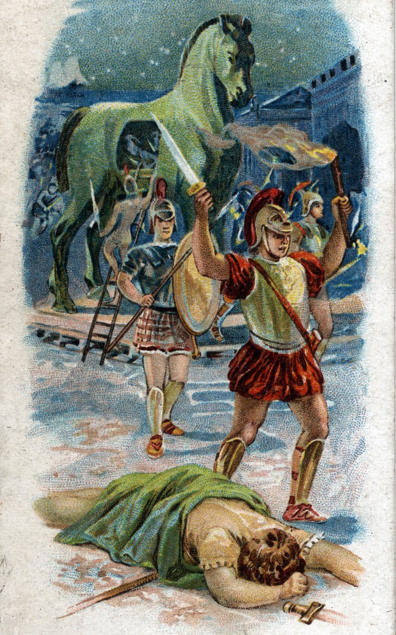Troijan sodan legendaaristen sankarien Akhilleuksen elämän historia: Troijan vangitseminen. Akhilleus kaupungin edellä hevosen ansiosta. Kromolitografia vuodelta 1890. tekijältä Unknown artist