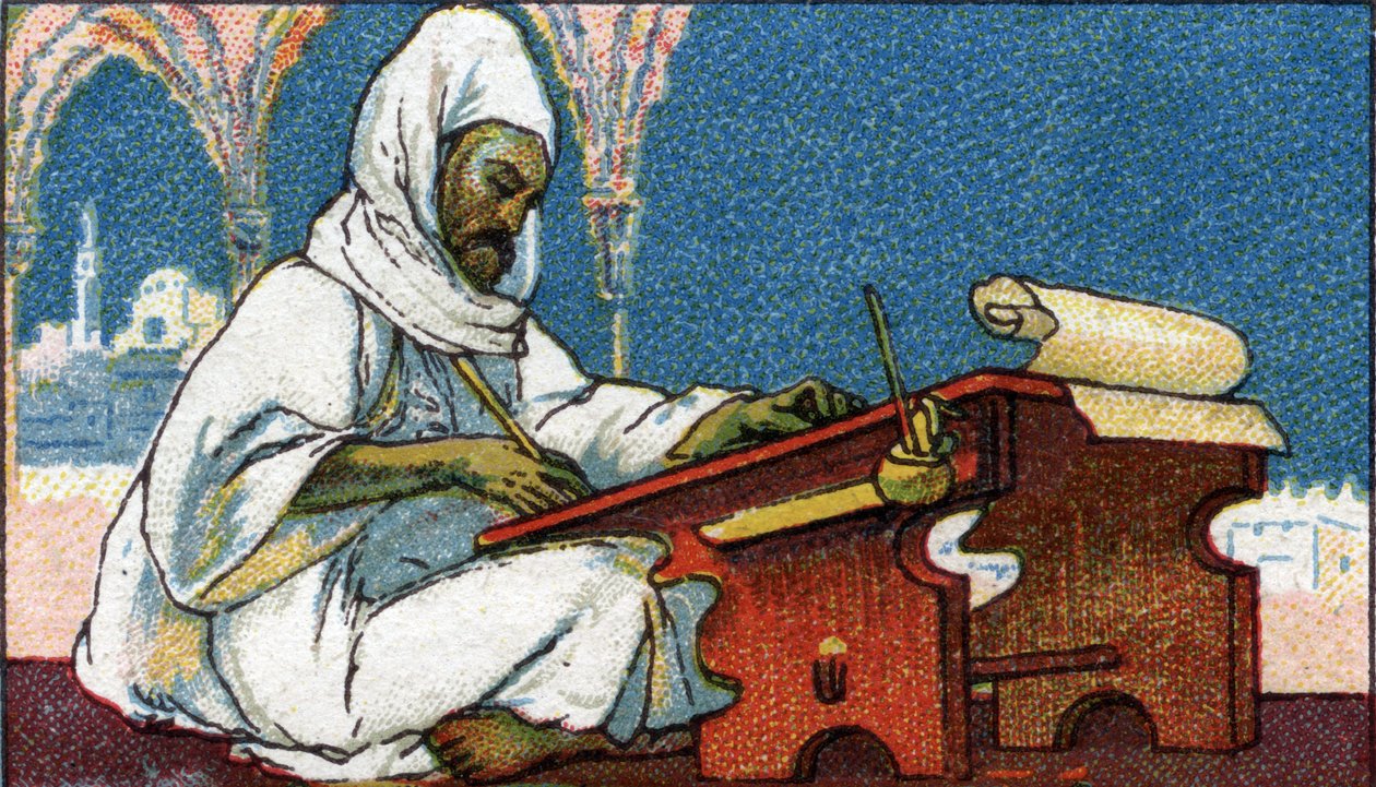 Kirjoittamisen historiaa: muslimikirjuri kirjoittaa arabiaksi, 1900-luvun alku (kromo). tekijältä Unknown Artist