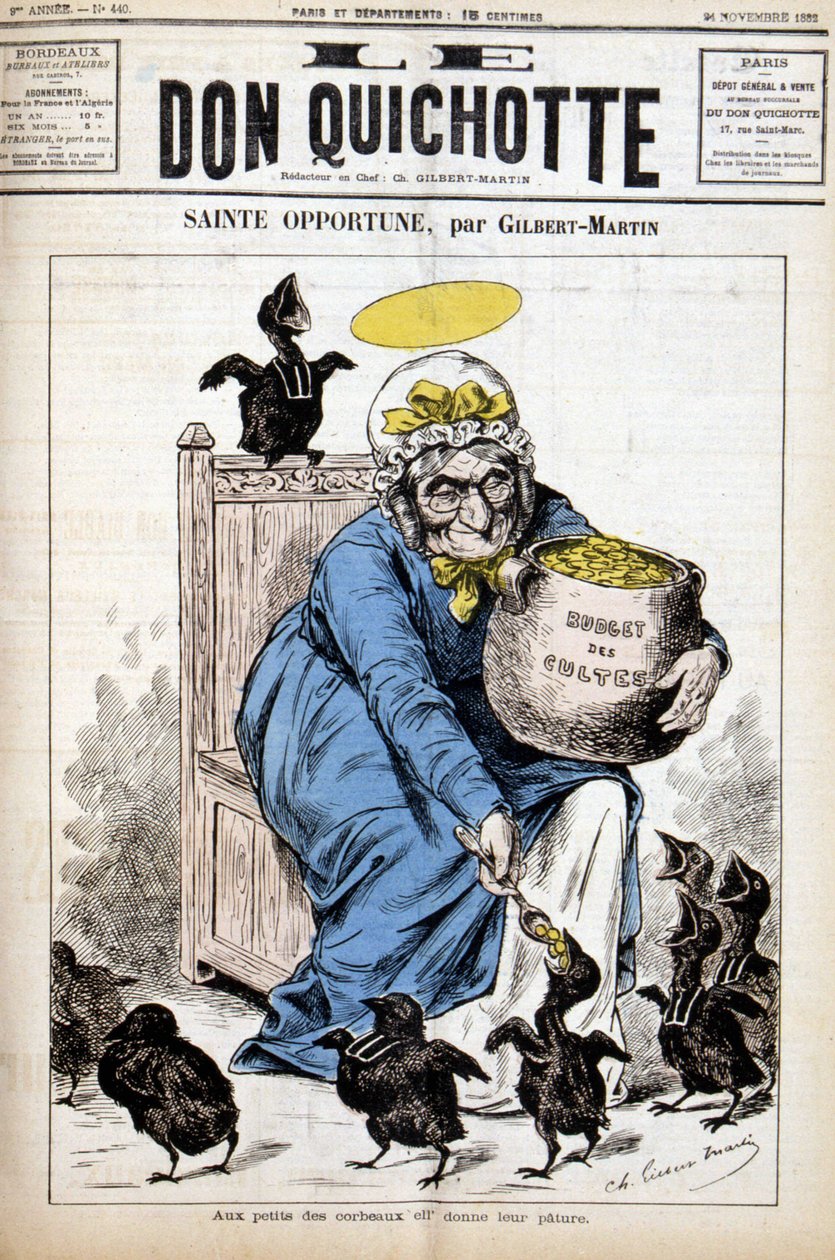 Pyhä tilaisuus ja kulttibudjetti: pienille variksille hän antaa paturensa - "" Le Don Quijote """ 24.11.1882 tekijältä Unknown artist