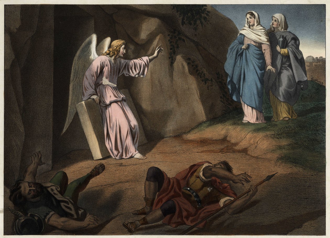 Pyhät naiset vierailemassa Kristuksen luona haudalla. Anonyymi kaiverrus 1800-luvulta. tekijältä Unknown artist