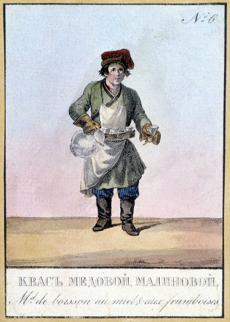 Hunaja- ja vadelmajuomien jälleenmyyjä Venäjällä 1800-luvulla. Kuva 1800-luvulta. tekijältä Unknown artist
