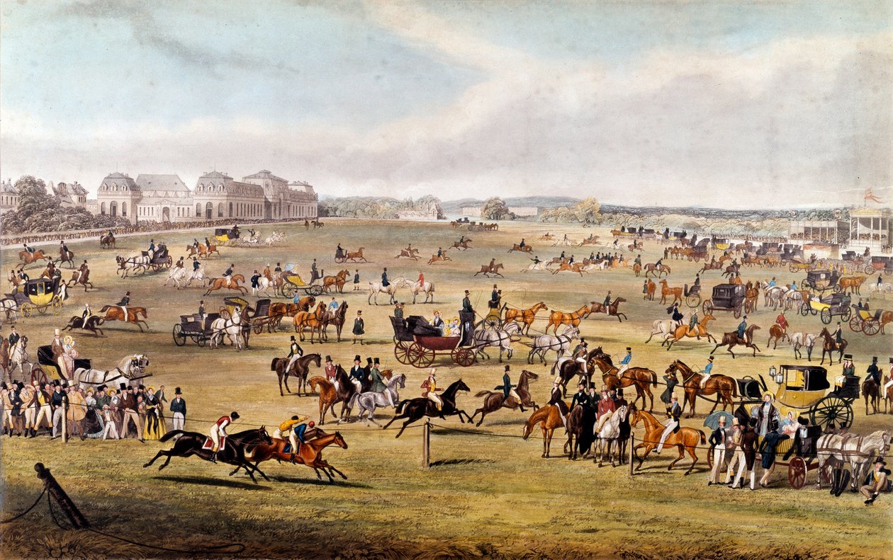 Hevoskilpailut Chantillyssa Orleansin herttuan suojeluksessa Kaiverrus vuodelta 1841. Yksityinen kokoelma tekijältä Unknown artist