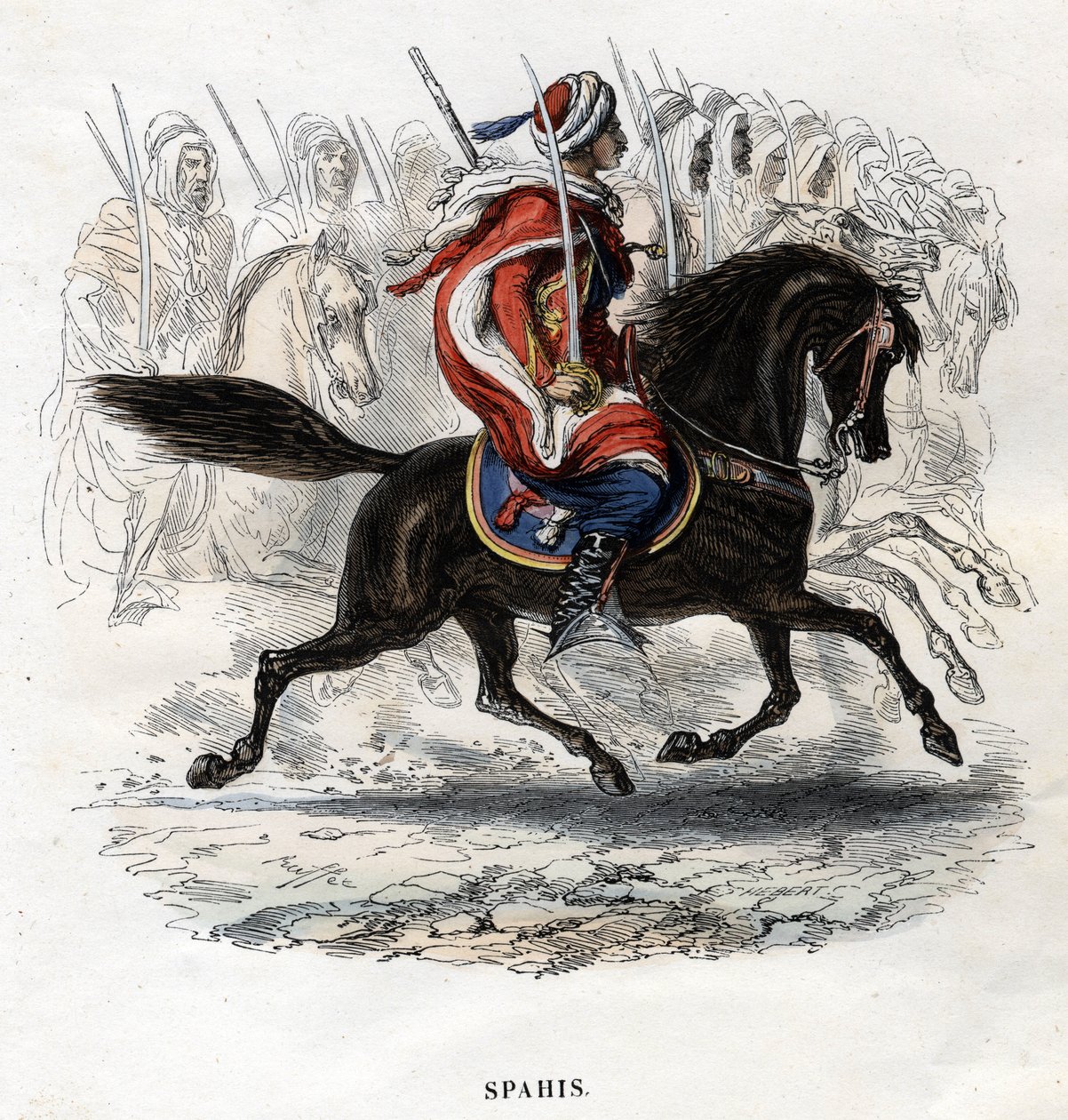 Spahit hevosen selässä. Kaiverrus vuodelta 1844. tekijältä Unknown artist