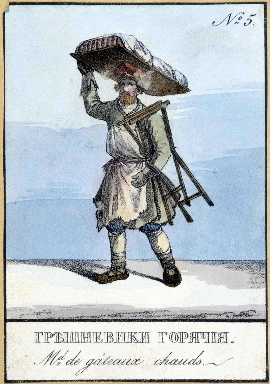 Kuumakakkukauppias Venäjällä 1800-luvulla. 1800-luvun kuvitus. tekijältä Unknown artist