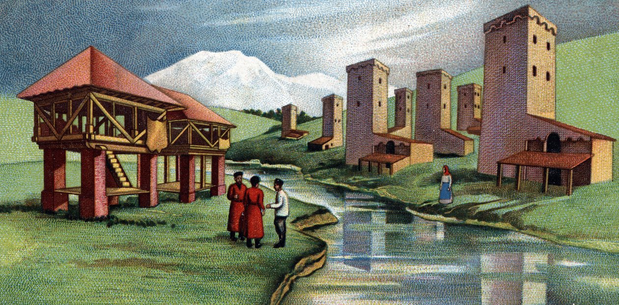 Houses with fortified towers, Western Caucasus, Sovietique Union (Neuvostoliitto) (Talot linnoitetuilla torneilla, Länsi-Kaukasus, Neuvostoliitto) 1930-luvun kromolitografia Yksityiskokoelma tekijältä Unknown Artist