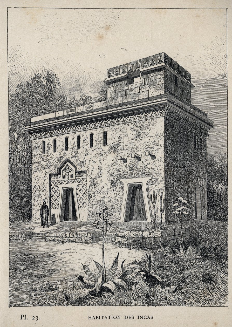 Inkojen asunto - kaiverrus vuodelta 1889 Charles GARNIER:n kirjoittamassa "Ihmisasumisen historia vuoden 1889 yleisnäyttelyssä - Librairie centrale des beaux-arts Paris 1889" tekijältä Unknown artist