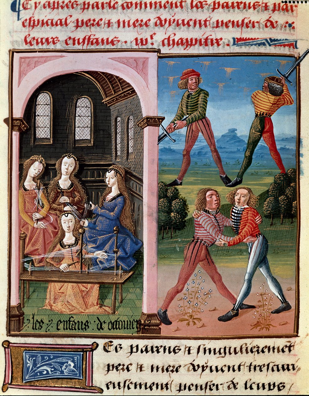 Miten vanhempien tulisi ajatella lapsiaan? Octavianuksen lapset oppivat ritarillisuutta ja villatyötä"" Miniatyyri otettu kirjasta "" Le livre de bonnes moreurs de Jacques Legrand""" tekijältä Unknown artist