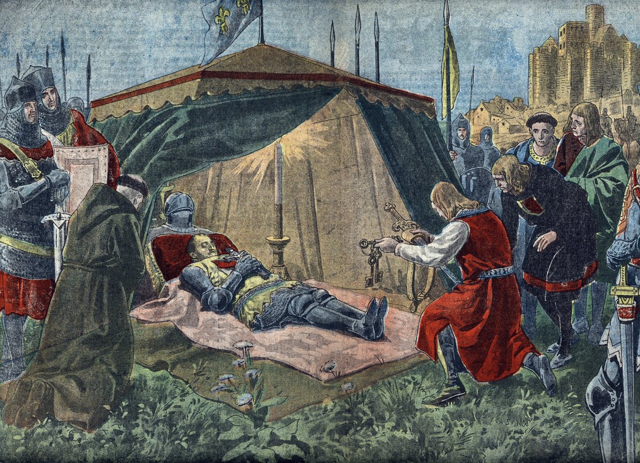 Satavuotinen sota: "La mort de Bernard du Guesclin (1320-1380) devant Chateauneuf de Randon le 13/07/1380" - Duguesclinin kuolema (Chateauneuf-de-Randonin piirityksen aikana 13.7.1380) - Illutraatio "Le pelerin" -lehdestä 7.8.1921 Yksityinen tekijältä Unknown Artist