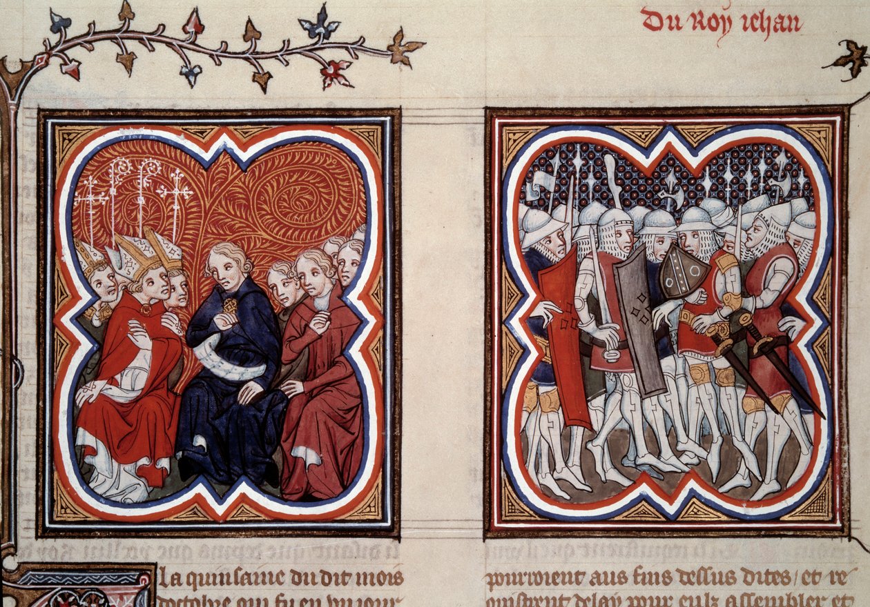 Satavuotinen sota: ”Vasemmalla tuleva delfiini Kaarle V viisas (1338-1380) (tällä hetkellä valtionhoitaja) ja yleisvaltioiden valtuutetut määräsivät hänen isänsä Johannes II:n vapauttamisen Poitiersin taistelun jälkeen vuonna 1356, häntä ympäröi Etien tekijältä Unknown artist