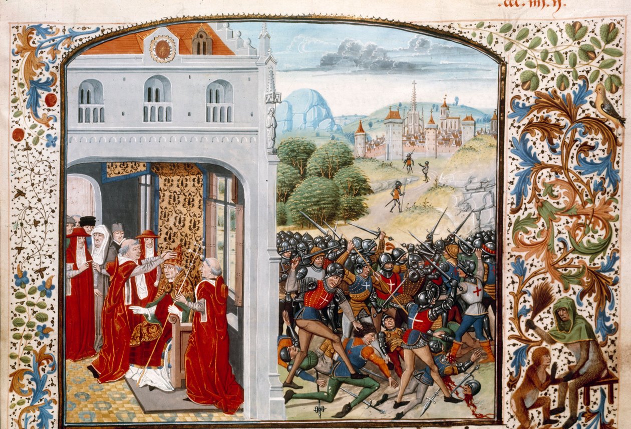 Satavuotinen sota: "" Paavi Gregoire XI (1329-1378) kruunasi Avignonin vuonna 1370. Pontvallainin taistelu ranskan ja englannin välillä 12.4.1370"" Pienoiskuva Jean Froissartin (1337-1400) "Kroonikista" 1500-luvun Pariisi. B.N. tekijältä Unknown artist