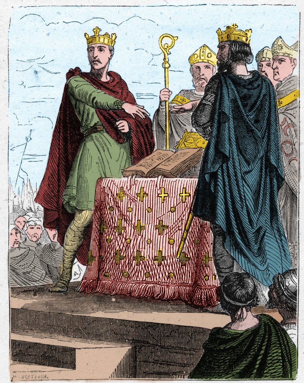 Satavuotinen sota: kohtelee Bretignyä 8. toukokuuta 1360 Bretignyn linnassa (lähellä Chartresia), Englannin kuninkaan Edward III:n ja Ranskan kuninkaan Johannes II:n pojan Charlesin täysivaltaisten edustajien välillä. tekijältä Unknown artist