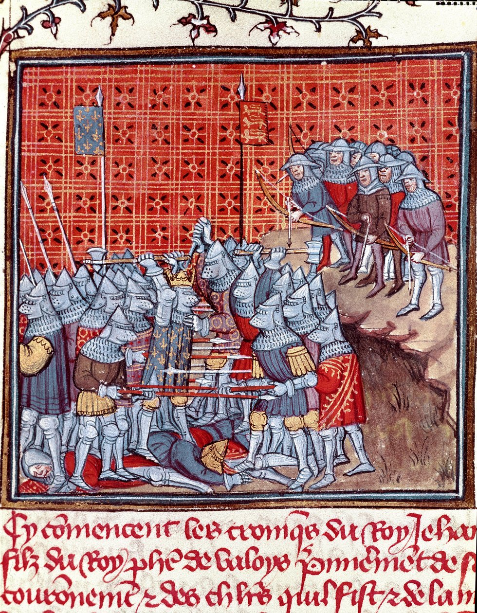 Satavuotinen sota: "" Ranskan kuningas Johannes II Hyvä (1319-1364) taistelun aikana""" Miniatyyri otettu Jean Froissartin (1337-1400) "" Les grandes Chronicles de France -kirjasta"" 1300-luvun Chantilly , Musee Conde tekijältä Unknown artist