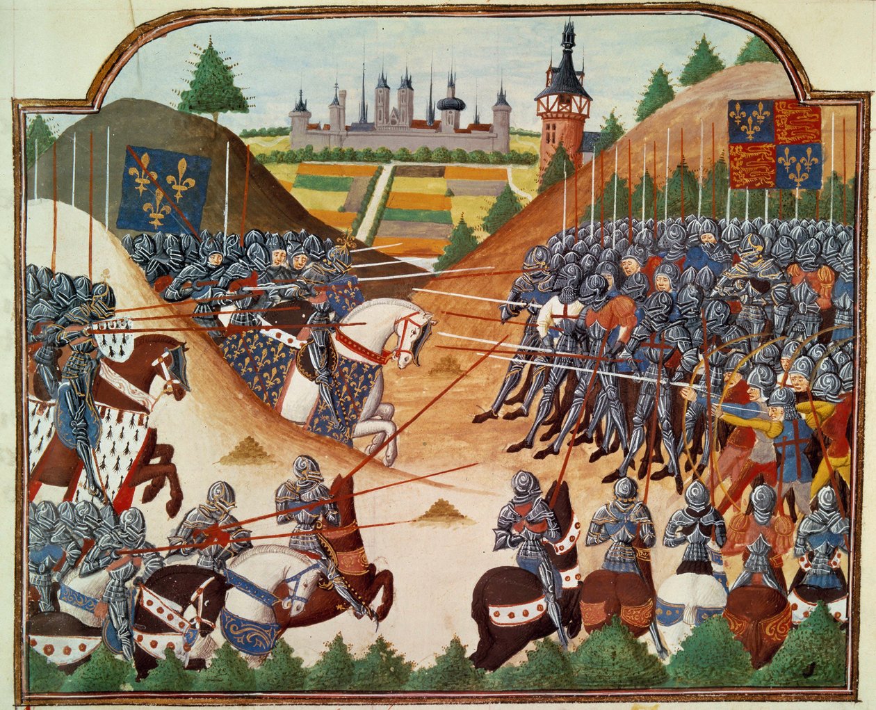 Satavuotinen sota: Formignyn (Calvados) taistelu 15.4.1450 Thomas Kyriellin ja Jean de Clermontin englantilaisen armeijan välillä. Miniatyyri, joka on valaistu käsikirjoituksesta "" Vigiles du roi Charles VII"" Jean Chartier