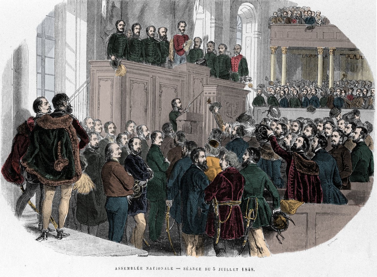 Unkarin vallankumous 1848: Kansalliskokouksen ensimmäinen kokous Unkarissa 5. heinäkuuta 1848. Kaiverrus "Unkari Historique by J. Boldenyi Paris 1853" tekijältä Unknown artist