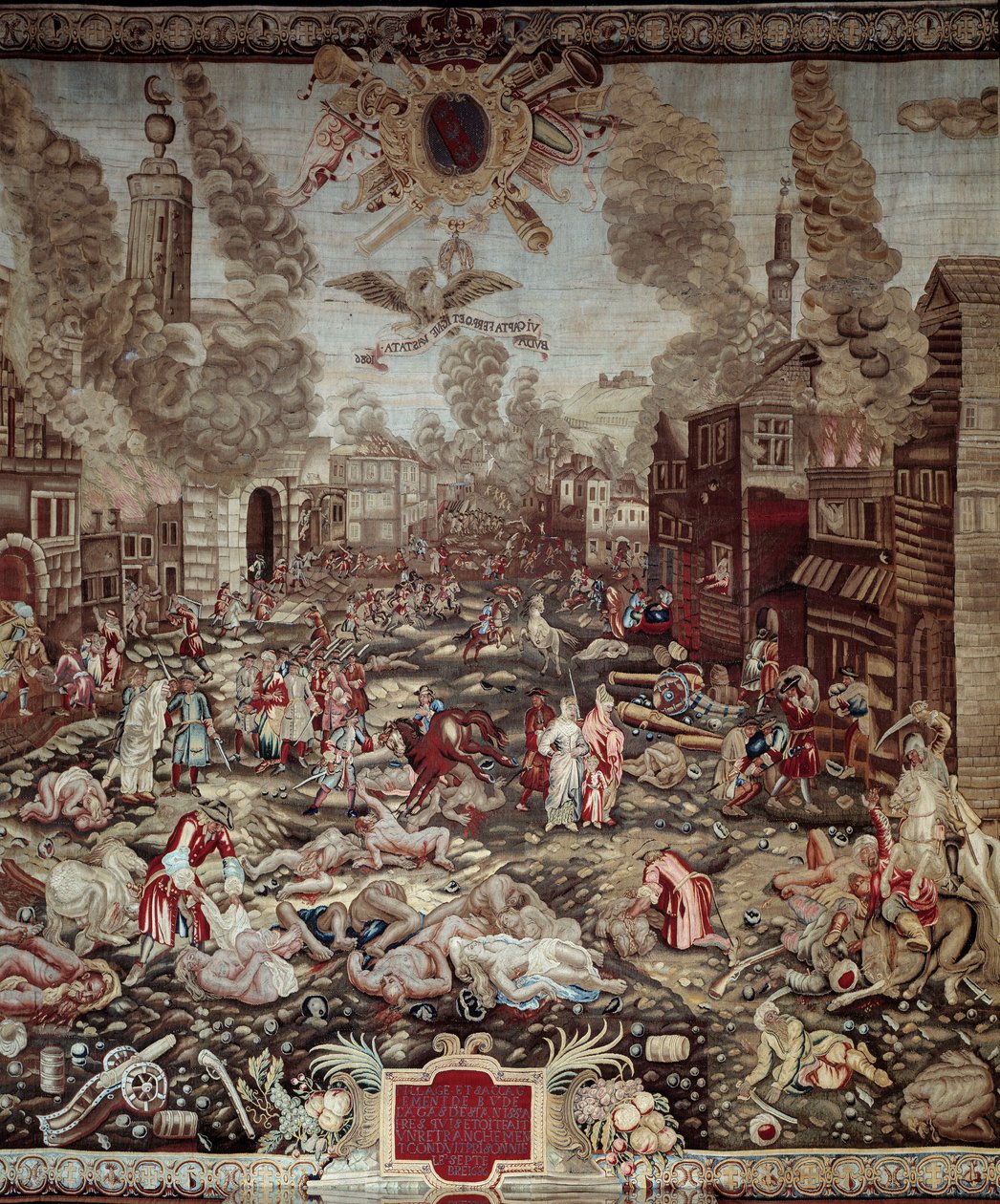 Unkarin valloitus: “” Itävaltalaiset ottavat Budan takaisin ottomaanien turkkilaisilta 2.9.1686” Buda on osa nykyistä Budapestia. Sotapäälliköt ovat Kaarle V Lorrainesta ja Miksa Emanuel II. Väkivaltakohtauksia, tulipaloja. Yksityiskohta kuvakudos. 17. vuo tekijältä Unknown artist