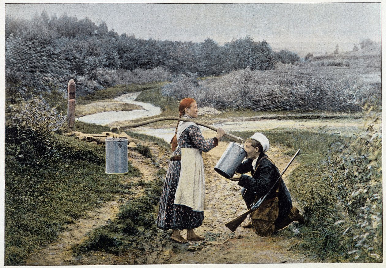 Metsästäjä ja tyttö suihkulähteellä (Venäjä) - valokuvaus, 1800-luvun loppu tekijältä Unknown artist
