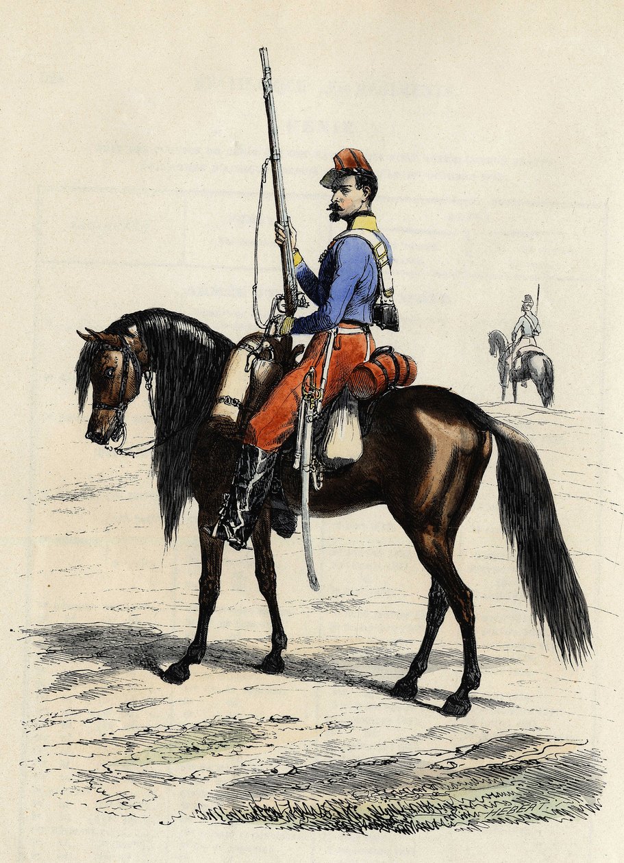 Afrikan metsästäjä hevosen selässä, rykmentti perustettiin vuonna 1831 ja läsnä Algeriassa vuonna 1832, Leon Galibertin teoksessa "L