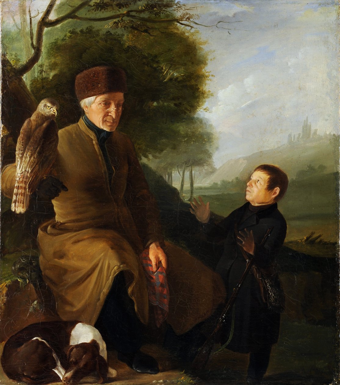 Metsästäjä haukalla. Prinssi Platon Aleksandrovitš Zubovin (1767-1822) ja Ivan Andreevich Yakubovskin (1770-1864), Anonyymi muotokuva. Öljy kankaalle, 1810-luvun loppu, Valtion arkkitehtuurin, historian ja taiteen museo, Vladimir tekijältä Unknown artist