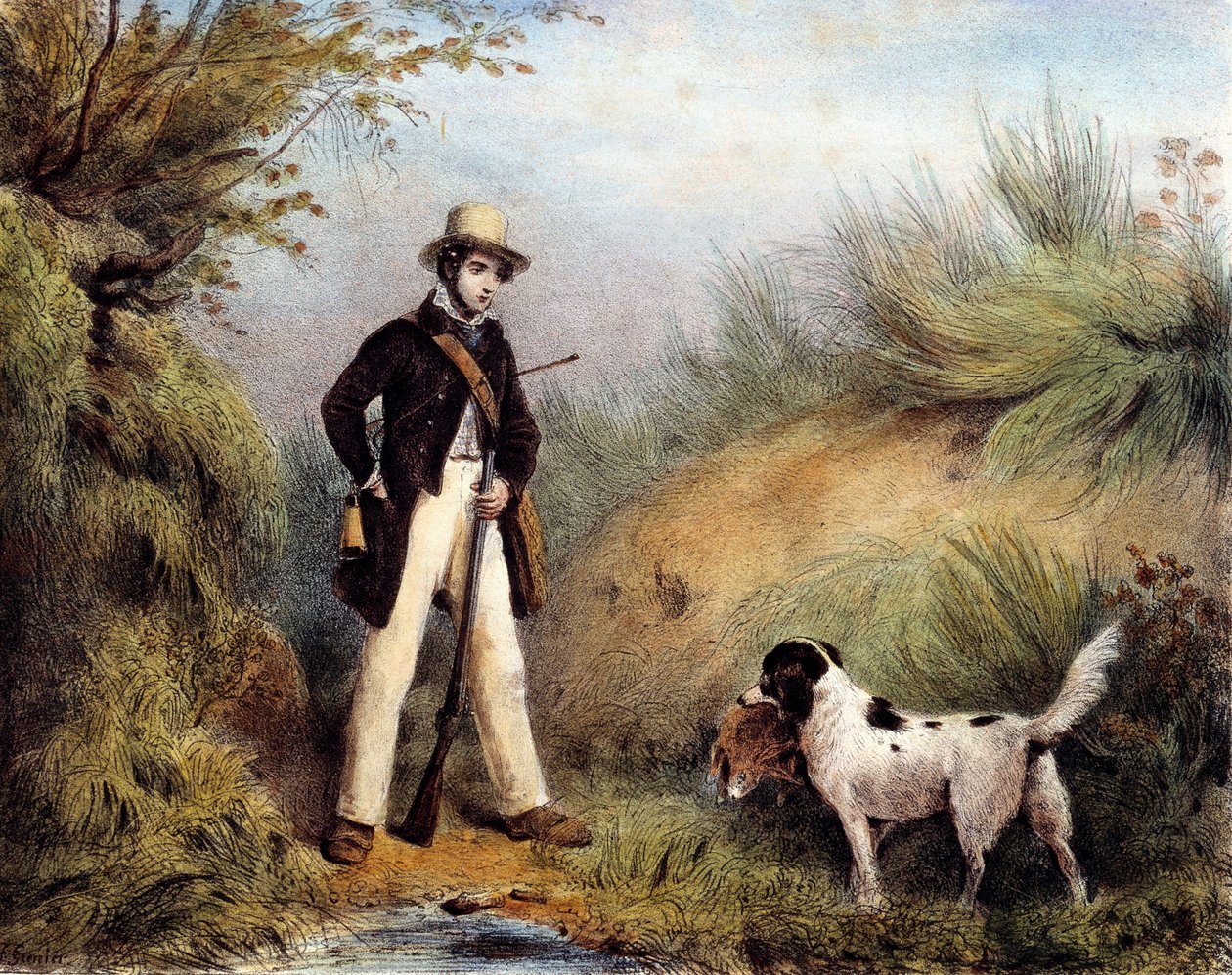Hunter koiransa kanssa. 1800-luvun printti. Gien, metsästysmuseo tekijältä Unknown artist
