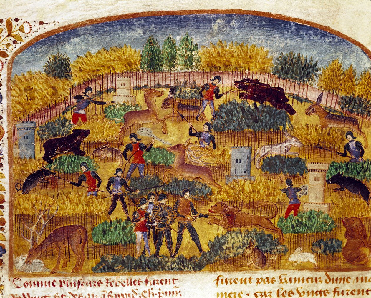 Metsästyskohtaus Miniatyyri otettu Quintus Curtius Rufusin (Quinte Curce) "" Aleksanteri Suuren tosiasioiden kirjasta" (1. vuosisata), noin 1468. (Ms 1335) Reims. Kaupungin kirjasto tekijältä Unknown artist