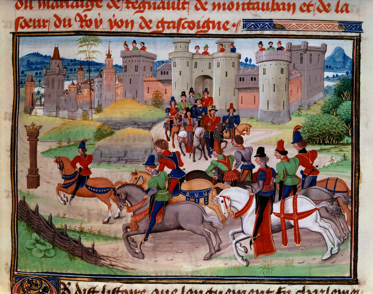 Metsästyskohtaus. Miniatyyri Loyset Liedetin käsikirjoituksesta "Renaud de Montauban" tai "Les quatre fils Aymon" (toimii vuosina 1448-1478). Ms. 5073. 1400-luvun Bibliotheque de l