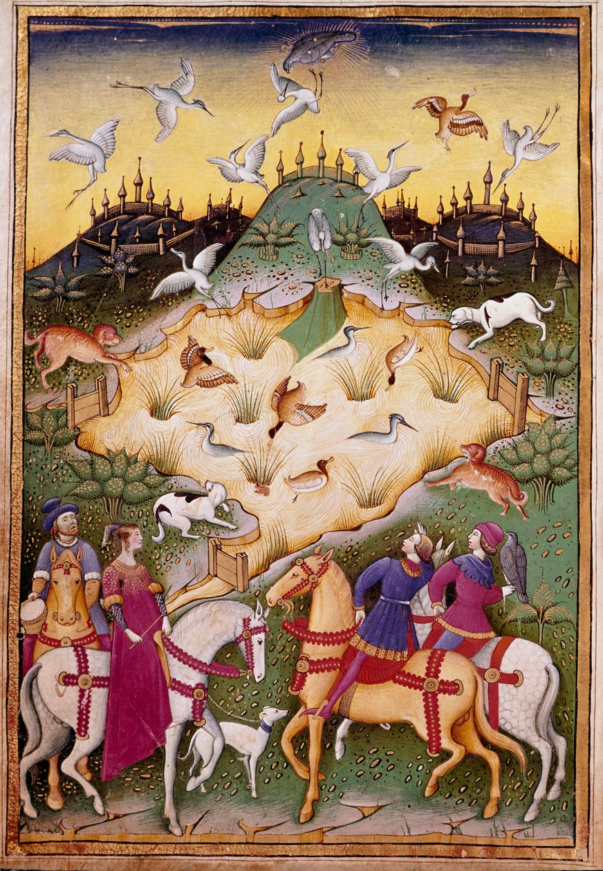 Metsästyskohtaus haukkojen kanssa Miniatyyri elokuvasta "" Kohtele haukkametsästystä ja veneriehua Sforzan herttuan tunnuslauseella ja tunnuksella" 1459 (ms. 1375) Chantilly, Musee Conde tekijältä Unknown artist