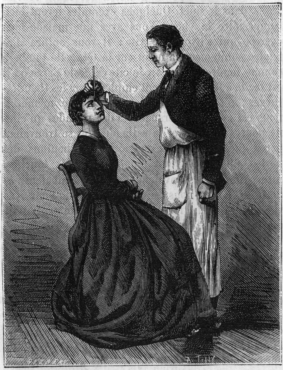 Hypnoosi-ilmiöt: Hypnoosi, joka syntyy kiinnittämällä kynäpidike paikat silmien väliin. Kaiverrus vuodelta 1881. tekijältä Unknown artist