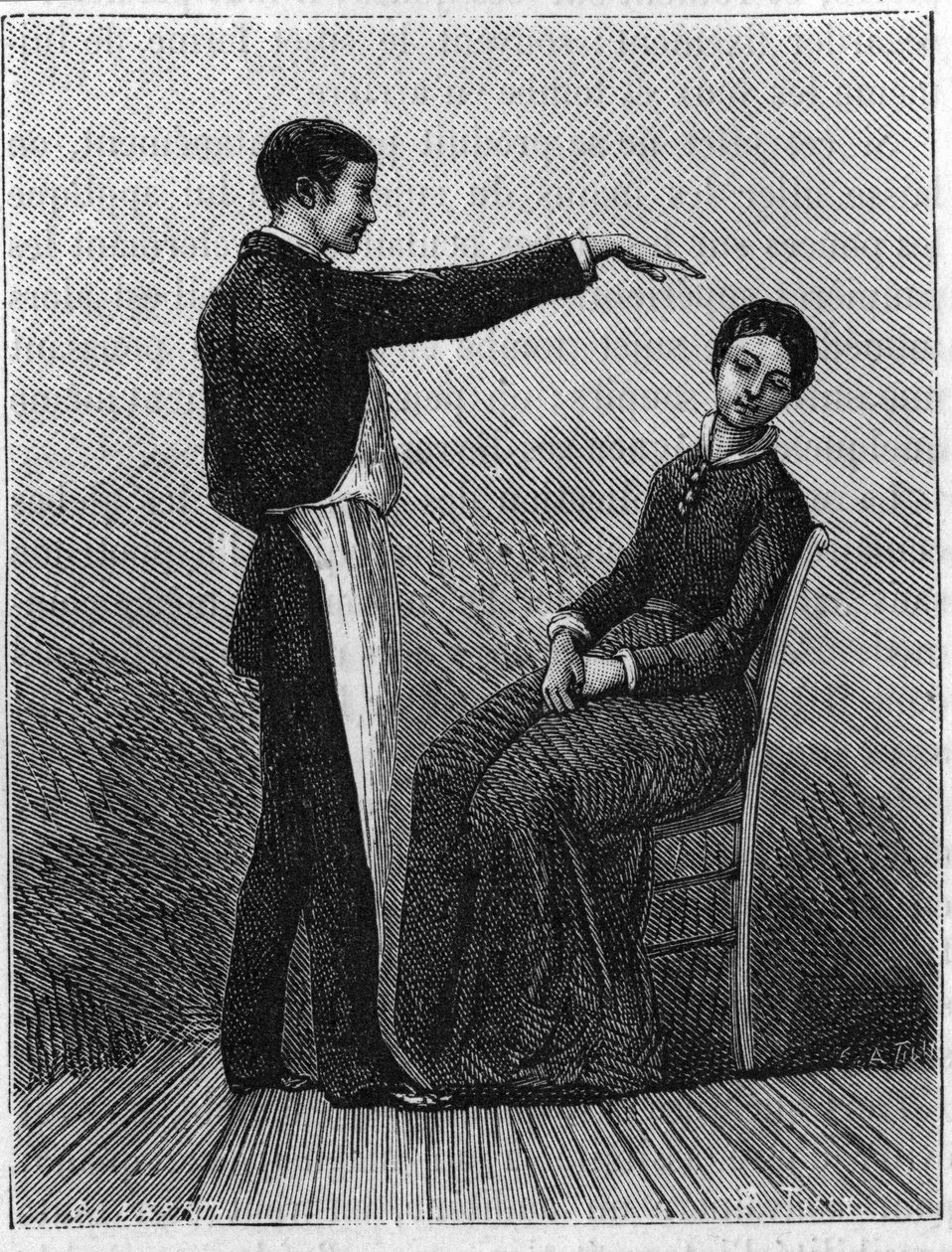 Hypnoosi-ilmiöt: hypnotismi syntyy ojentamalla yhtäkkiä käsi potilaan eteen. Kaiverrus vuodelta 1881. tekijältä Unknown artist