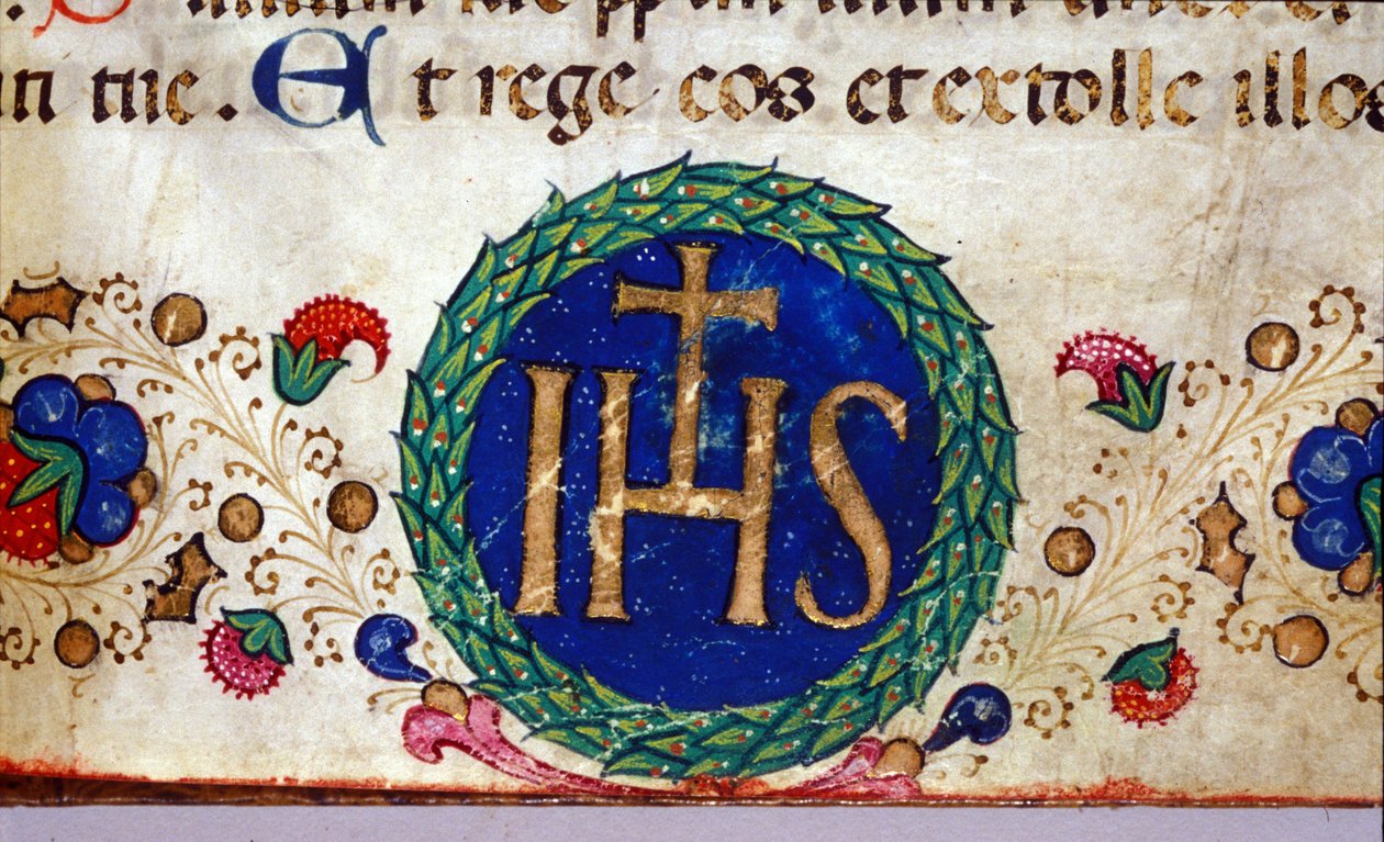 IHS kristillinen symboli, jonka merkitys on Jeesus. 1500-luvun käsikirjoitus. tekijältä Unknown artist
