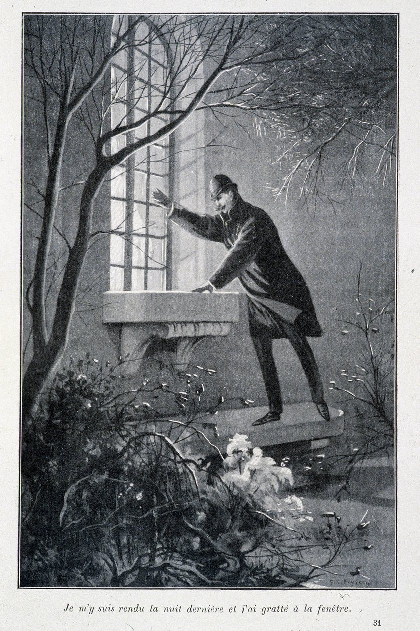 Menin eilen illalla ja raapisin ikkunaa, esimerkkiä Conan Doylen teoksesta "The Permiers Exploits of Sherlock Holmes". Sd. noin 1890 tekijältä Unknown artist