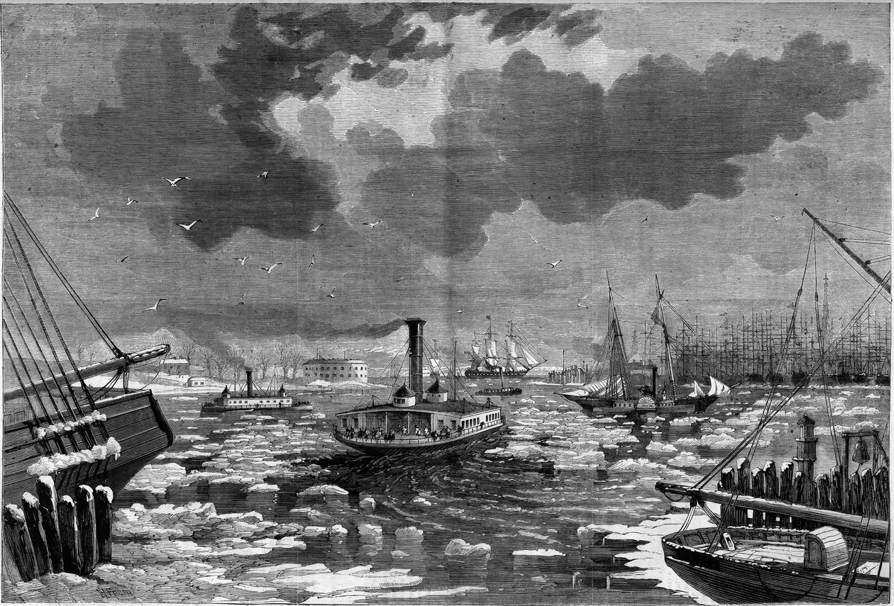 Jäähäviö New Yorkissa (New York), Yhdysvalloissa (Yhdysvallat) itäiseltä joelta katsottuna. Kaiverrus "" Maineikas universumi"" tekijältä Unknown artist