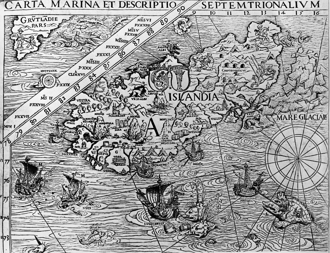 Islanti, noin 1539, yksityiskohta Cartan venesatamasta, ruotsalainen arkkipiispa Olaus Magnus (1490-1557) tekijältä Unknown artist