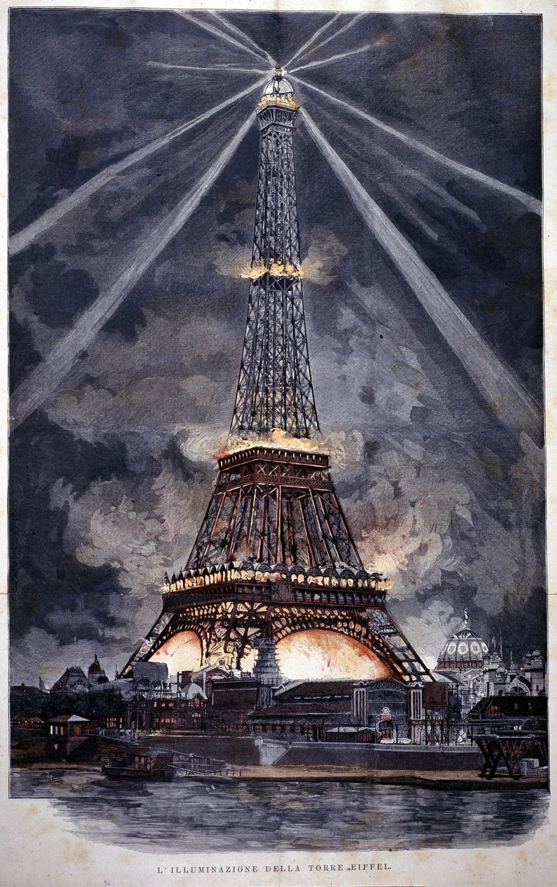 Eiffel-tornin valaistus vuoden 1889 yleisnäyttelyn aikana. tekijältä Unknown artist